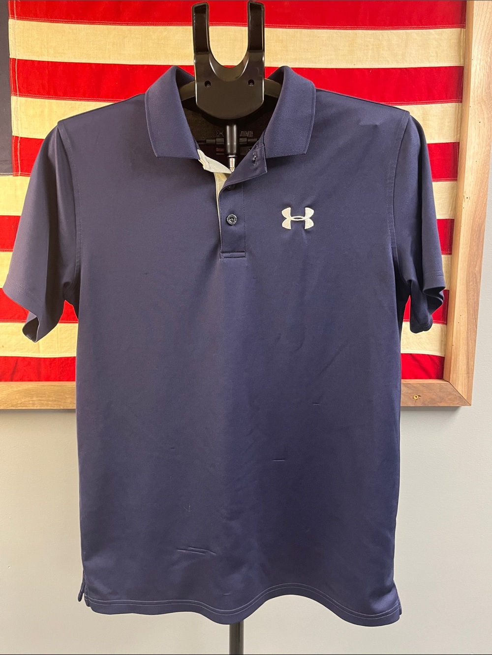 YXL Under Armour Navy Polo with White Logo